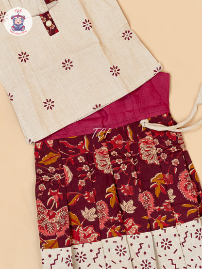Cream & Maroon - Girls Readymade Floral Printed Cotton Pavadai Sattai