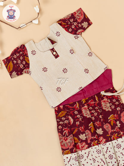 Cream & Maroon - Girls Readymade Floral Printed Cotton Pavadai Sattai