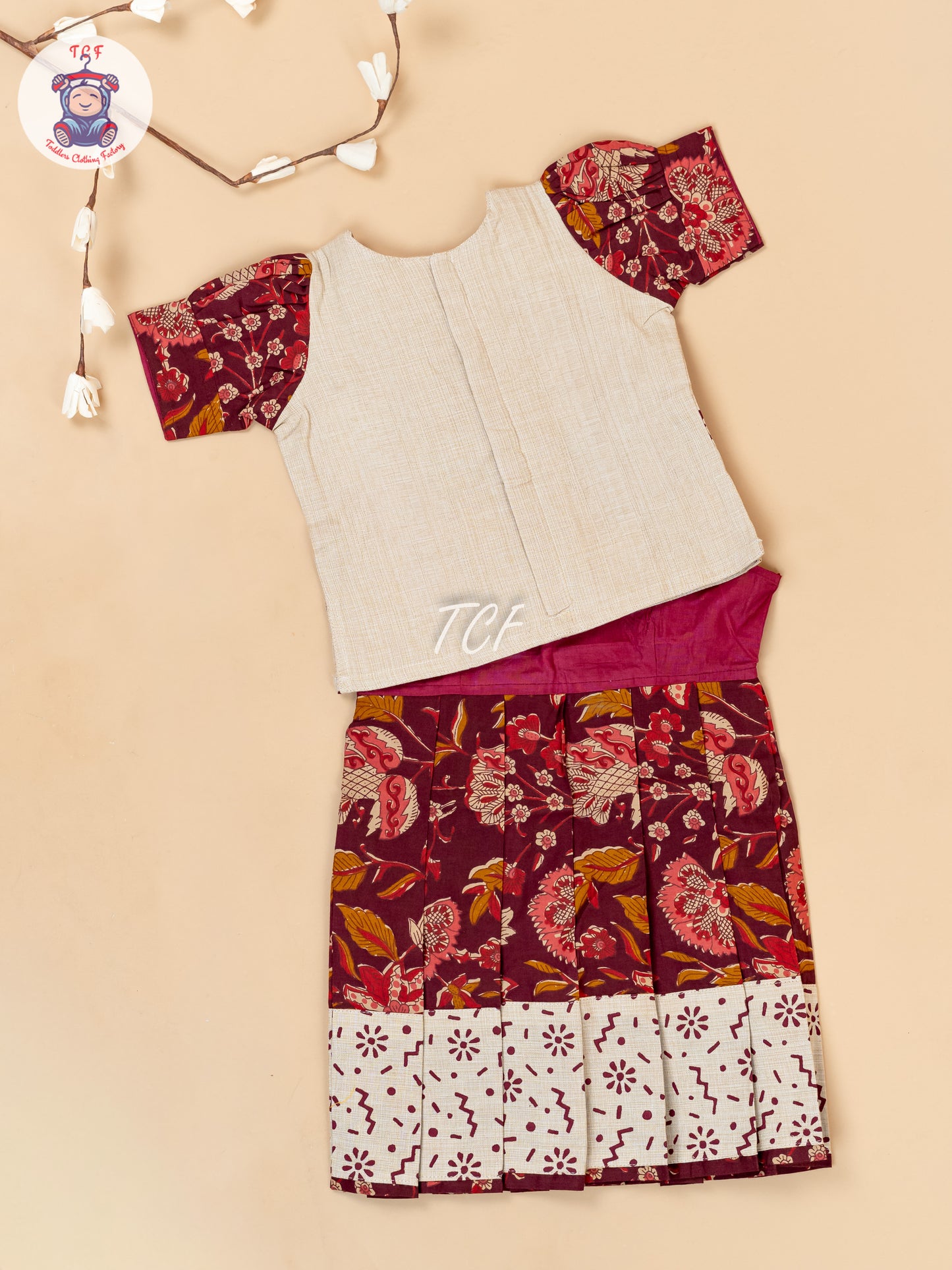 Cream & Maroon - Girls Readymade Floral Printed Cotton Pavadai Sattai