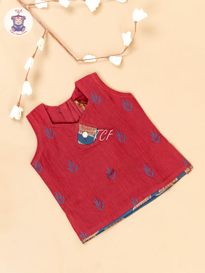 Maroon & Navy Blue - Girls Readymade Floral Printed Cotton Pavadai Sattai