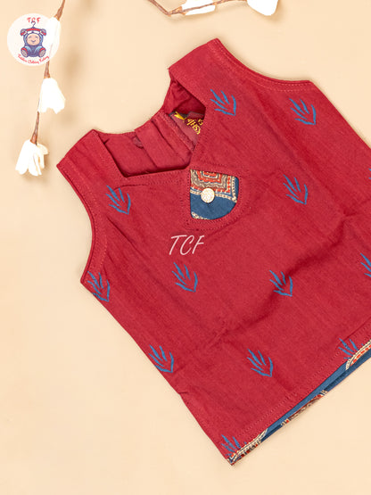 Maroon & Navy Blue - Girls Readymade Floral Printed Cotton Pavadai Sattai