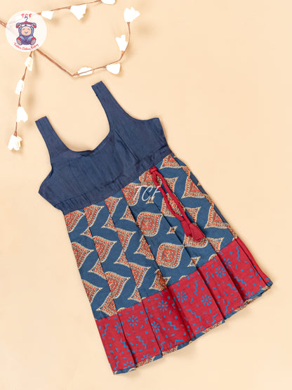 Maroon & Navy Blue - Girls Readymade Floral Printed Cotton Pavadai Sattai