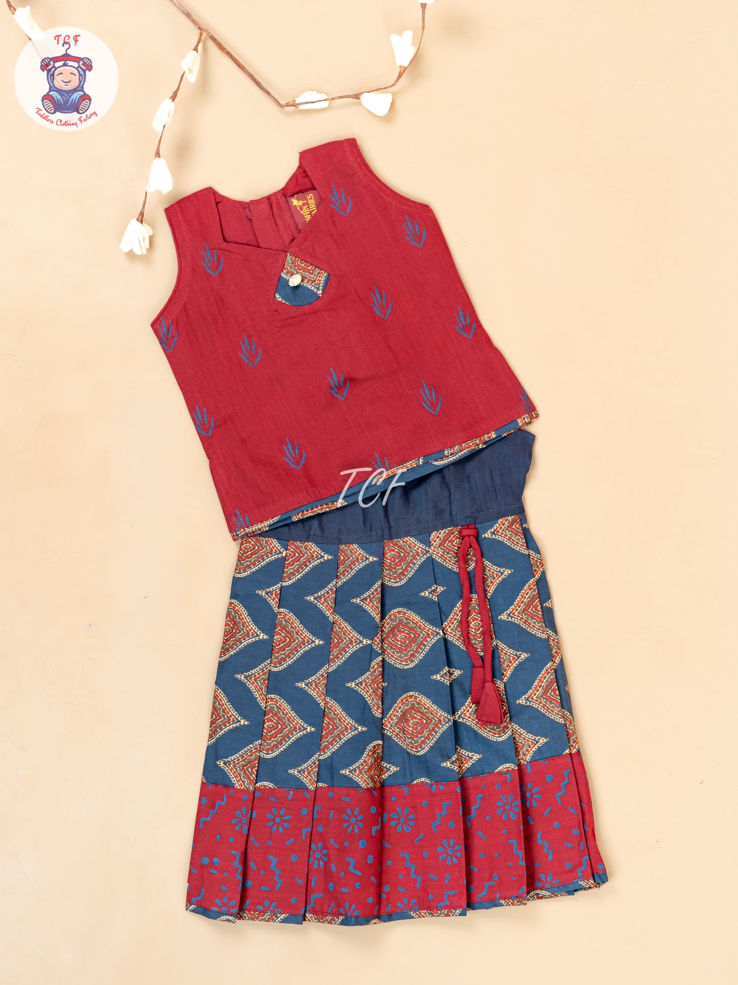 Maroon & Navy Blue - Girls Readymade Floral Printed Cotton Pavadai Sattai