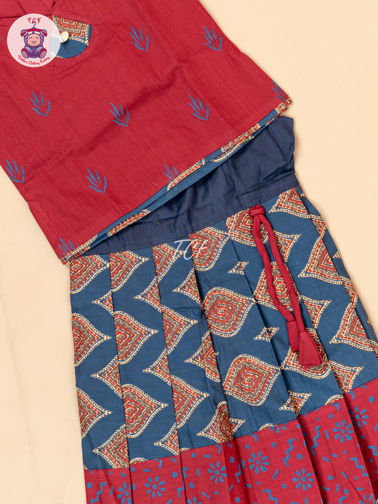 Maroon & Navy Blue - Girls Readymade Floral Printed Cotton Pavadai Sattai