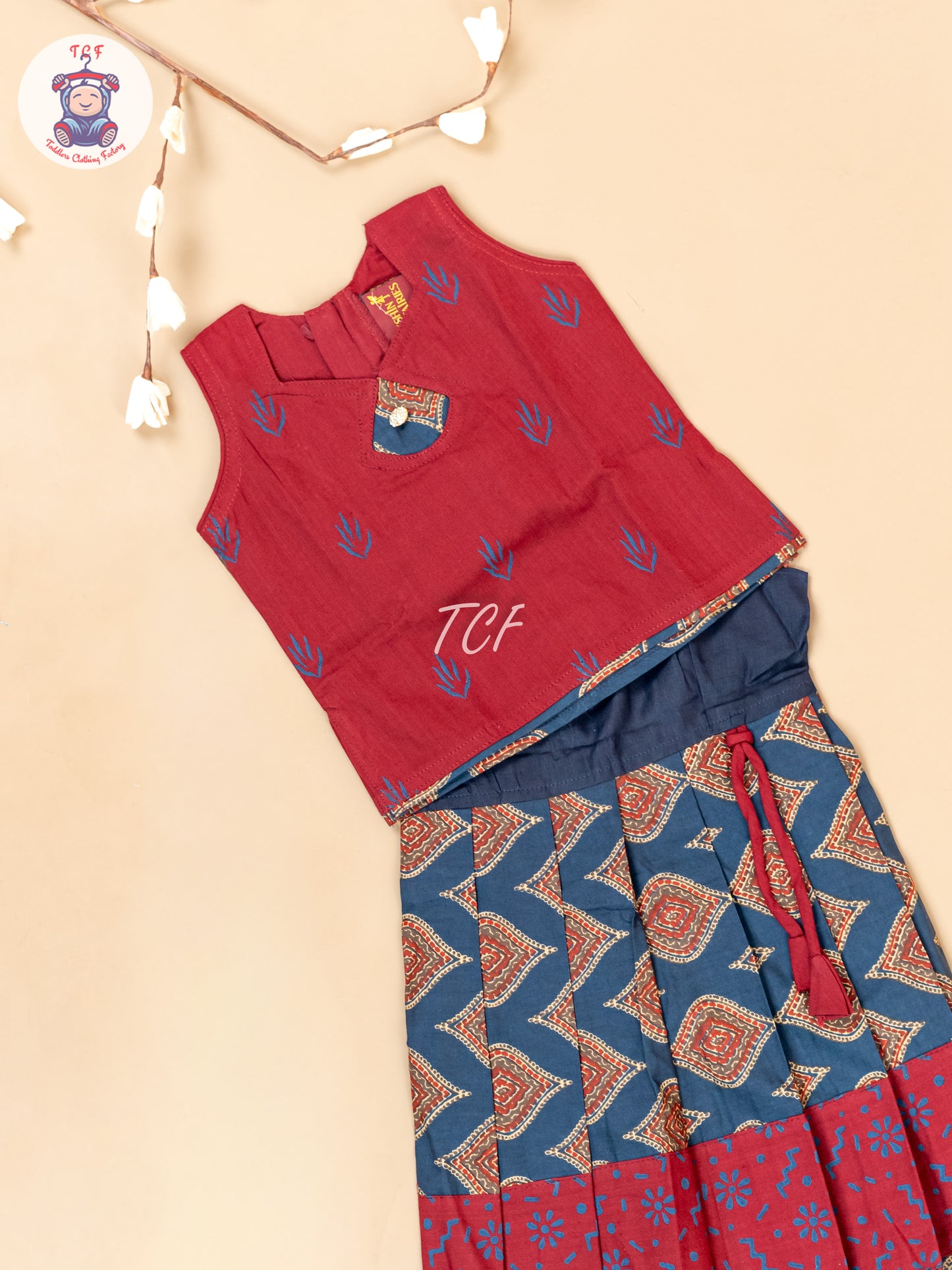 Maroon & Navy Blue - Girls Readymade Floral Printed Cotton Pavadai Sattai