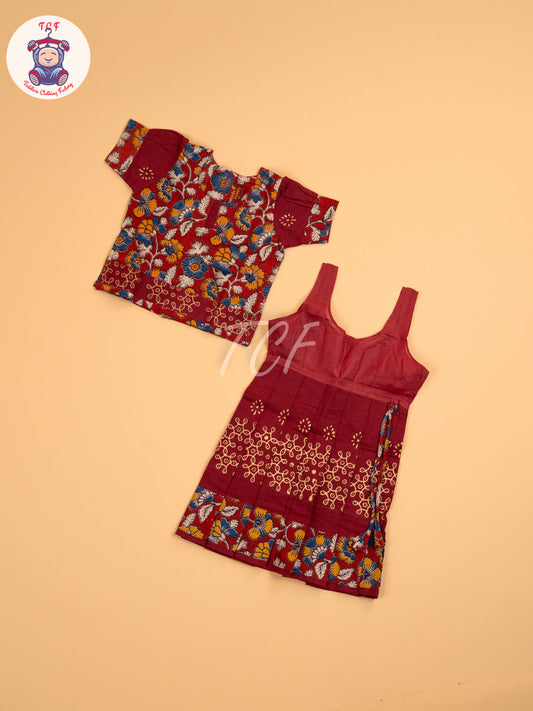 Maroon - Floral Printed Kalamkari Pavadai Sattai