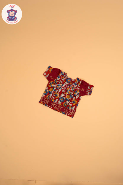 Maroon - Floral Printed Kalamkari Pavadai Sattai