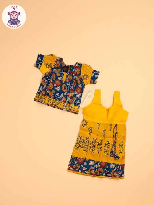 Blue  - Floral Printed Kalamkari Pavadai Sattai