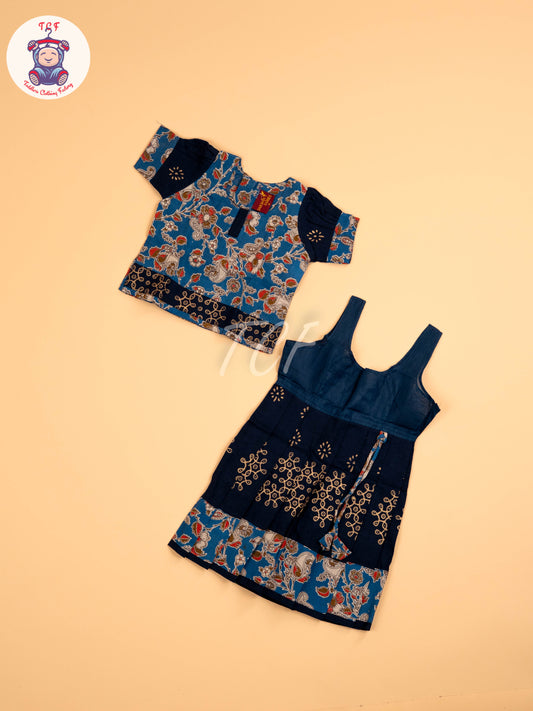 Blue  - Floral Printed Kalamkari Pavadai Sattai