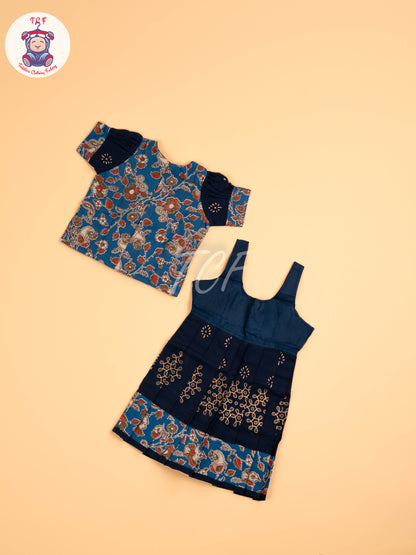 Blue  - Floral Printed Kalamkari Pavadai Sattai