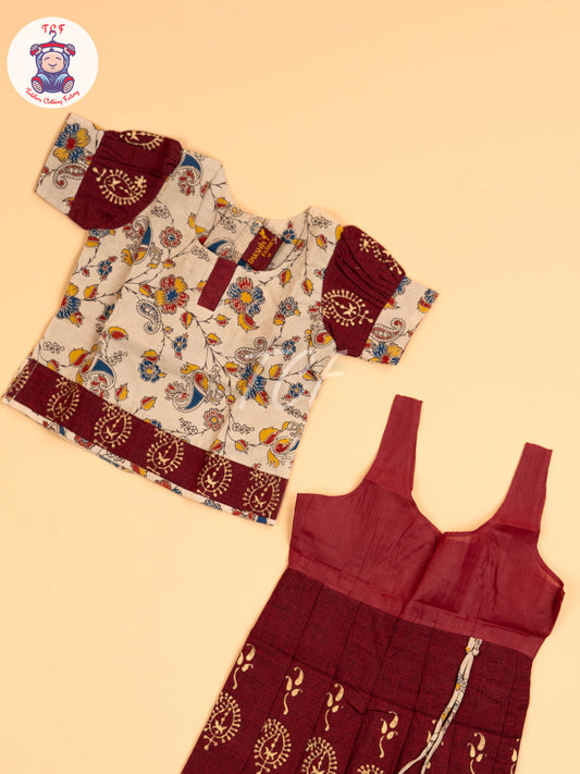 Cream & Maroon  - Floral Printed Kalamkari Pavadai Sattai