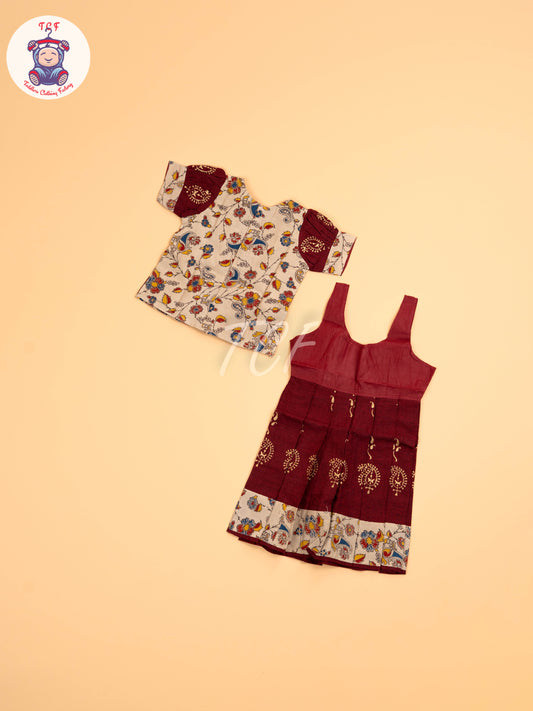 Cream & Maroon  - Floral Printed Kalamkari Pavadai Sattai