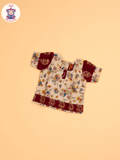 Cream & Maroon  - Floral Printed Kalamkari Pavadai Sattai
