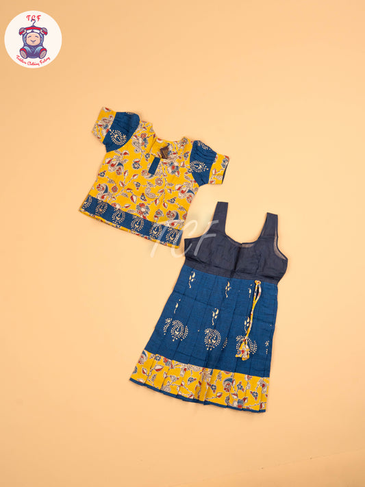 Mustard & Blue  - Floral Printed Kalamkari Pavadai Sattai