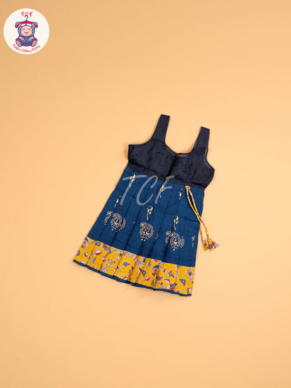 Mustard & Blue  - Floral Printed Kalamkari Pavadai Sattai