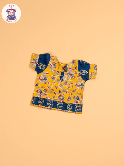 Mustard & Blue  - Floral Printed Kalamkari Pavadai Sattai