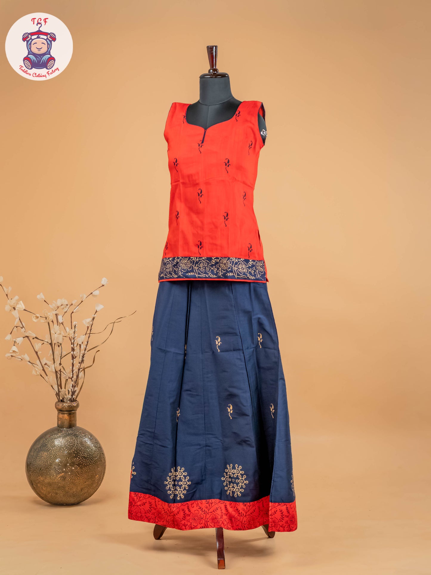 Red & Navy Blue - Adult Readymade Pavadai Sattai