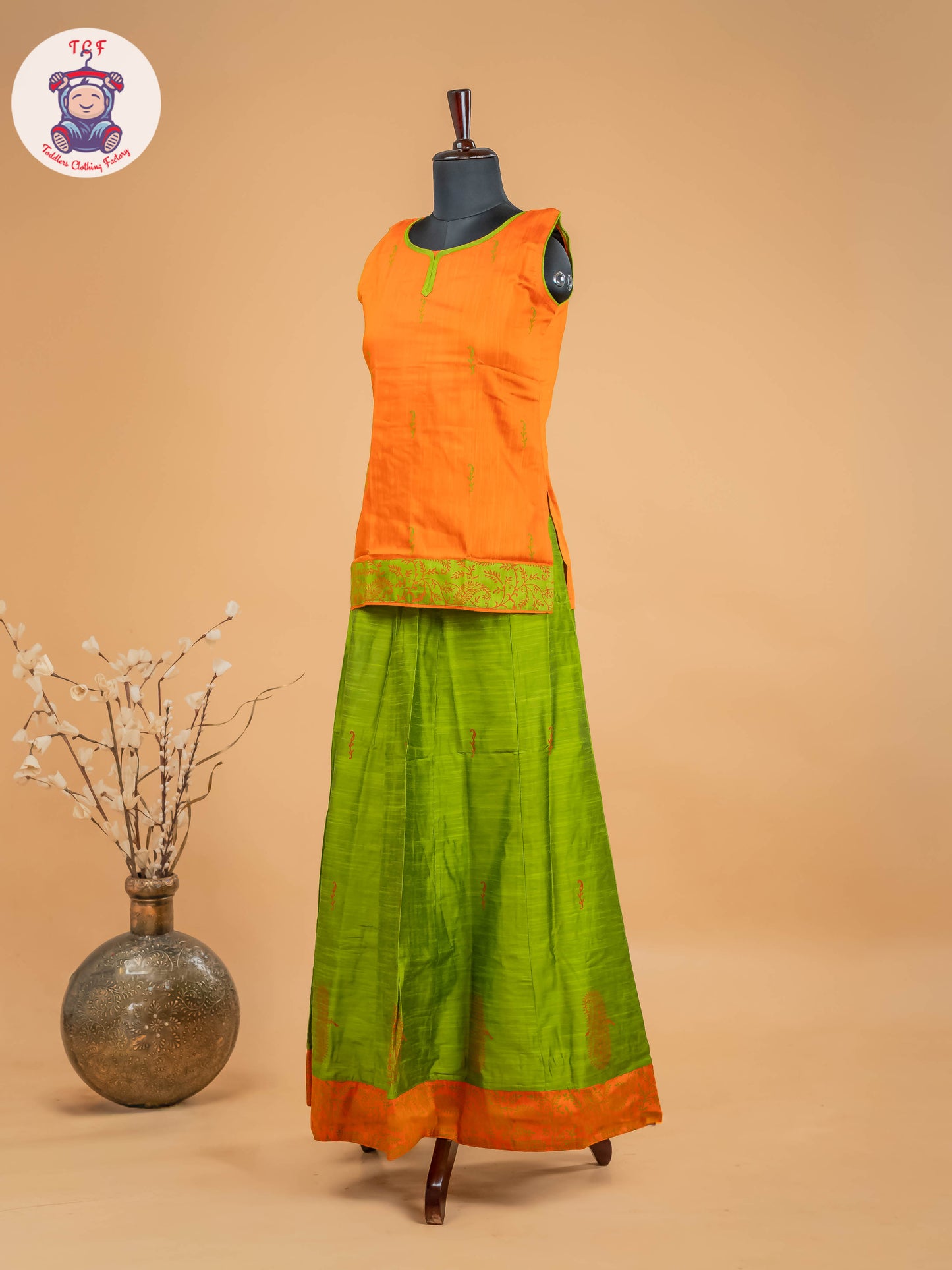 Orange & Light Green- Adult Readymade Pavadai Sattai