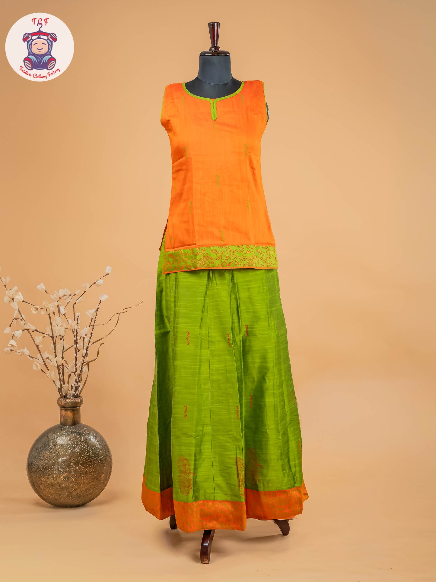 Orange & Light Green- Adult Readymade Pavadai Sattai