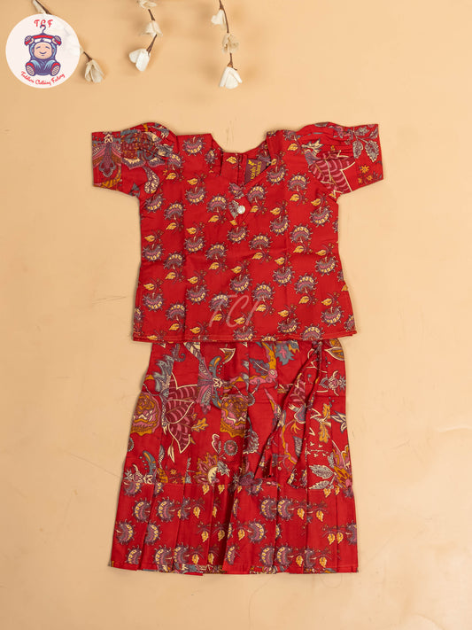 Red - Girls Readymade Cotton Pavadai Sattai