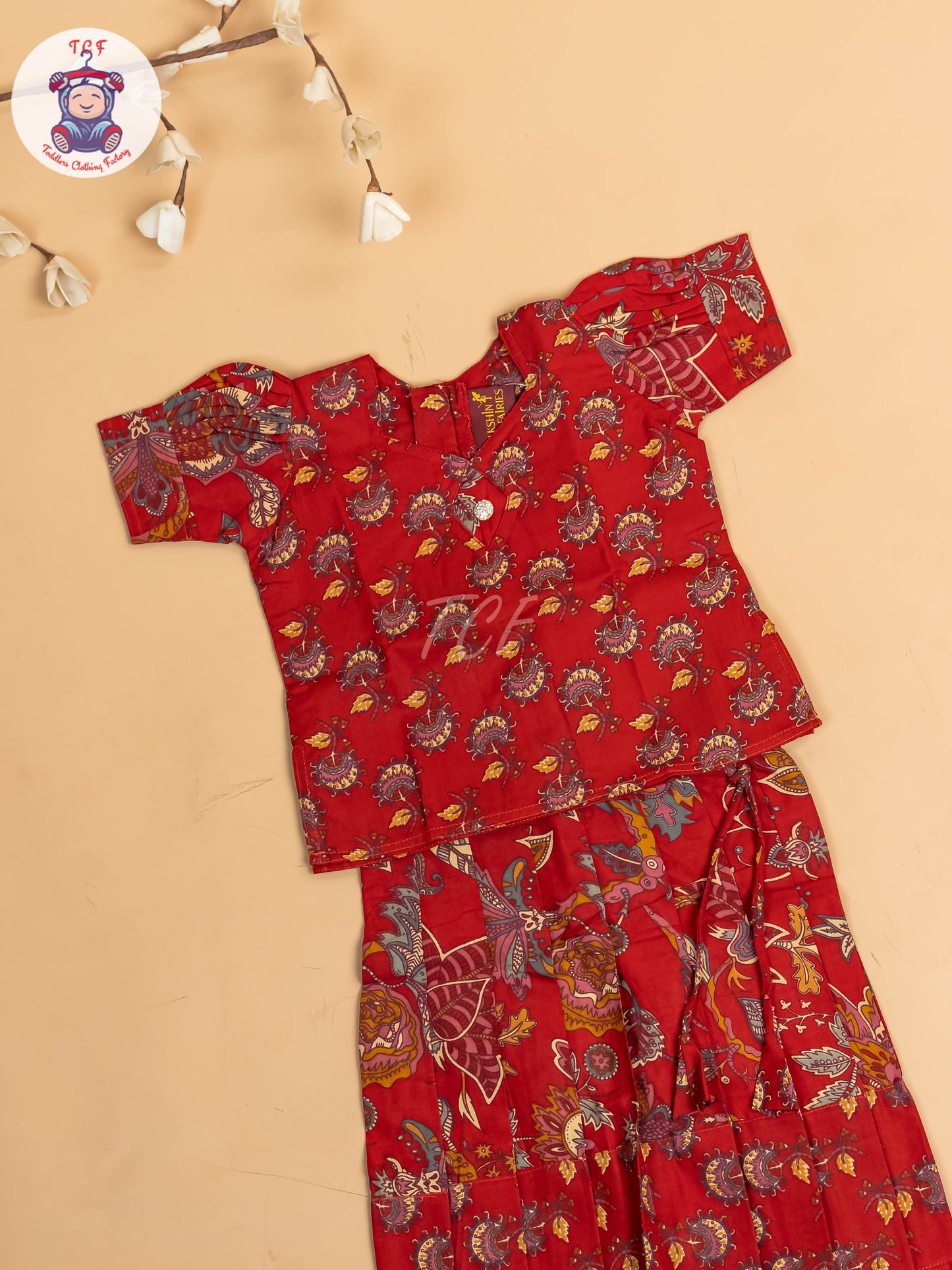 Red - Girls Readymade Cotton Pavadai Sattai
