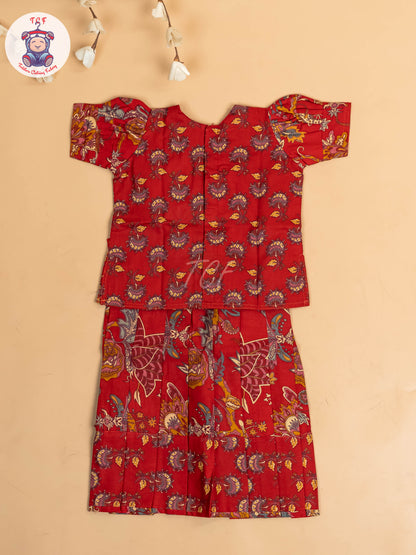 Red - Girls Readymade Cotton Pavadai Sattai