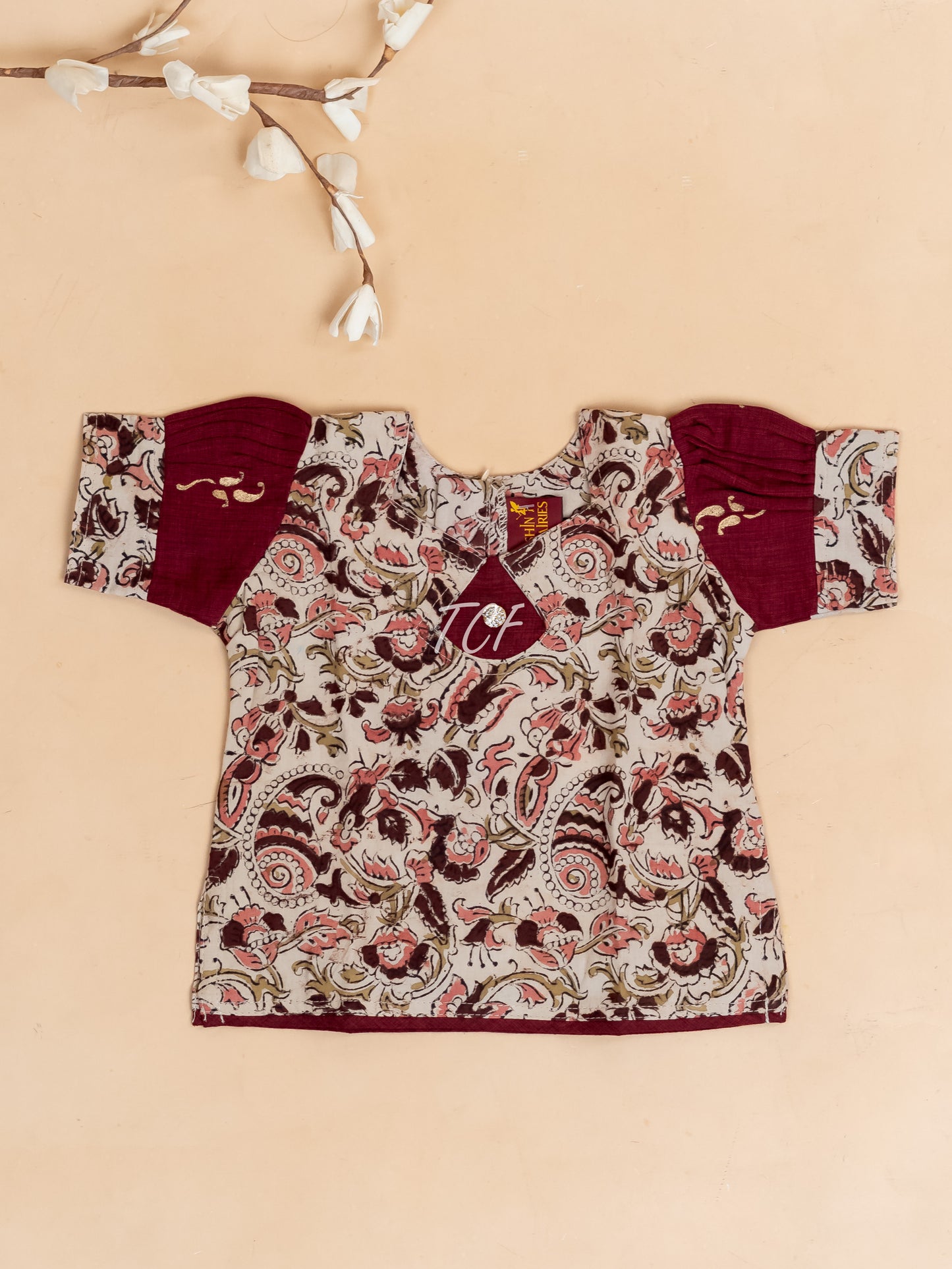 Cream & Maroon Kalamkari Printed - Girls Readymade Cotton Pavadai Sattai
