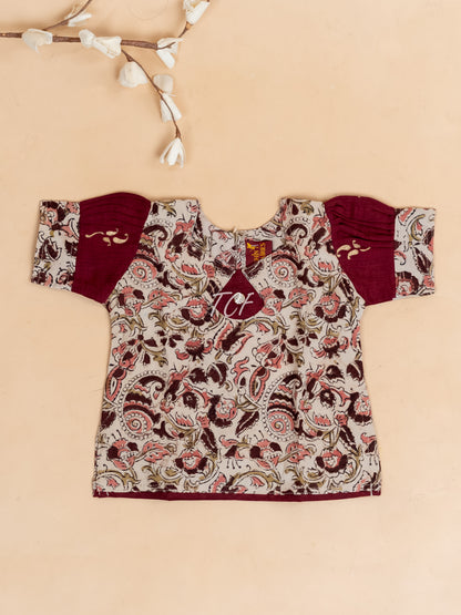 Cream & Maroon Kalamkari Printed - Girls Readymade Cotton Pavadai Sattai