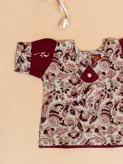 Cream & Maroon Kalamkari Printed - Girls Readymade Cotton Pavadai Sattai