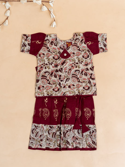 Cream & Maroon Kalamkari Printed - Girls Readymade Cotton Pavadai Sattai