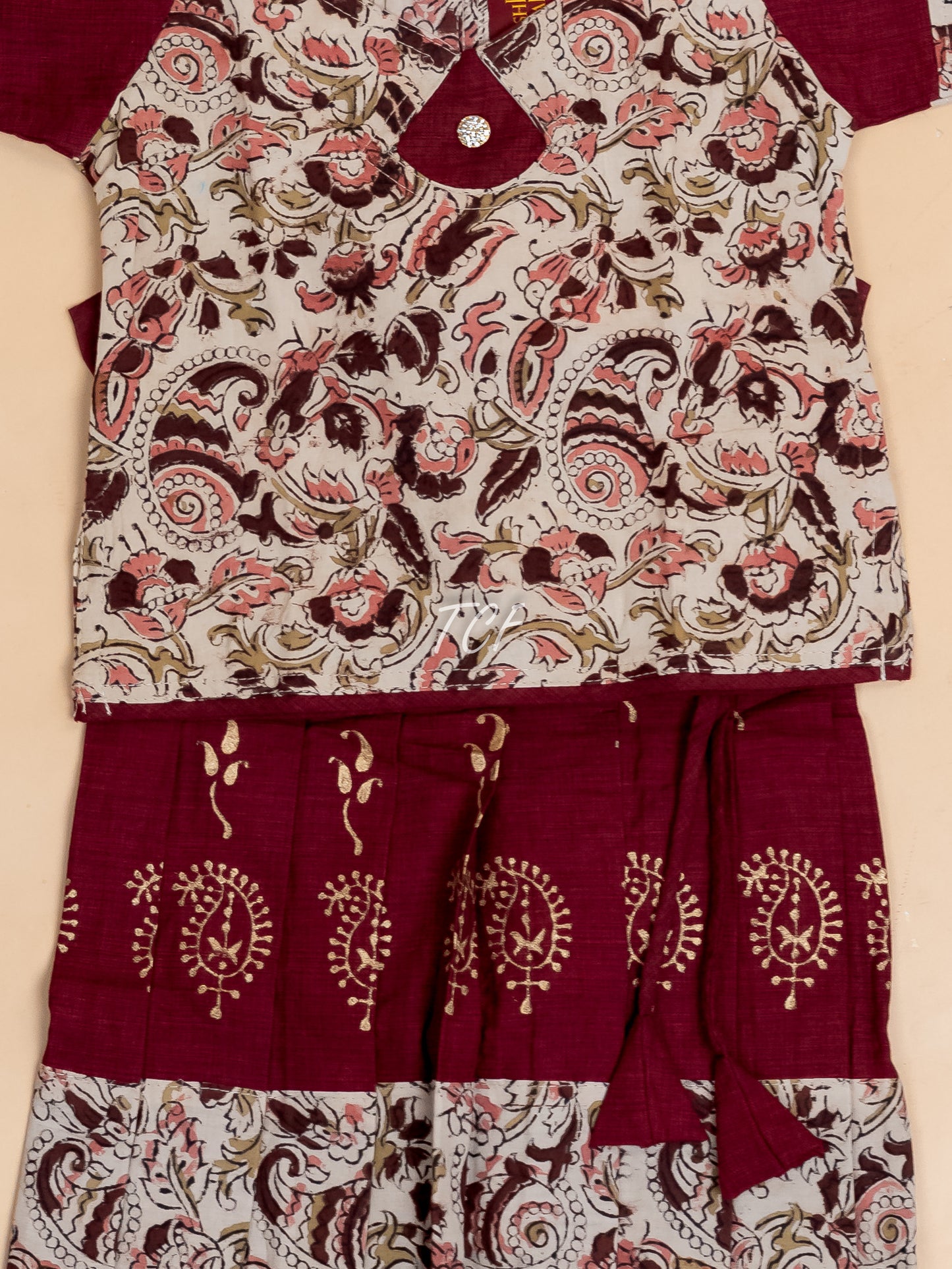 Cream & Maroon Kalamkari Printed - Girls Readymade Cotton Pavadai Sattai