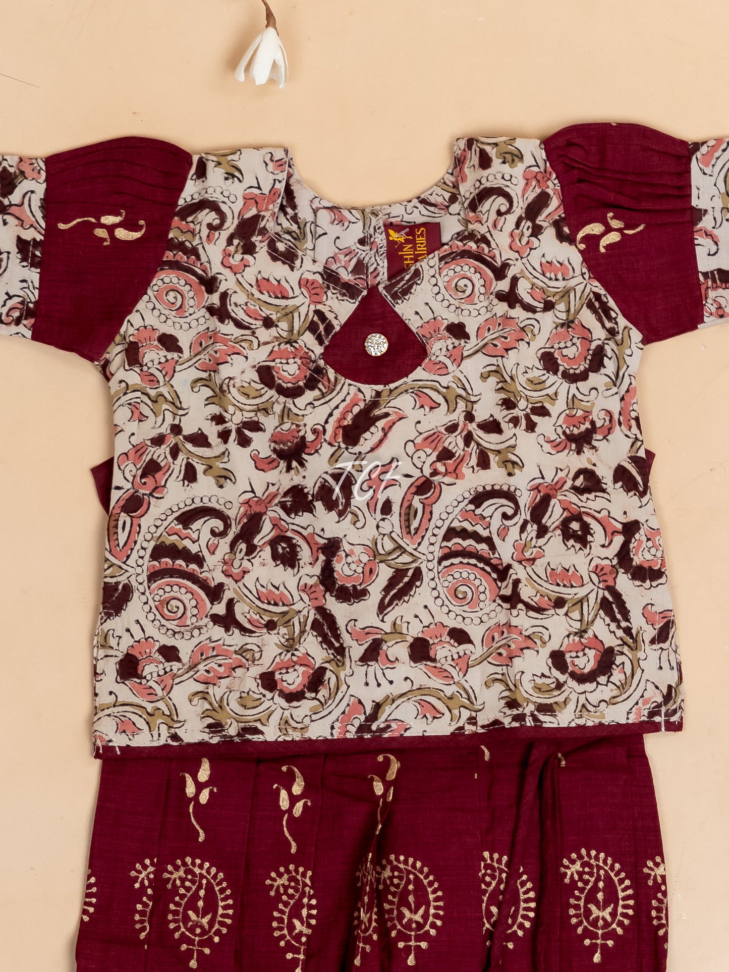 Cream & Maroon Kalamkari Printed - Girls Readymade Cotton Pavadai Sattai