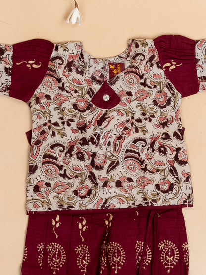 Cream & Maroon Kalamkari Printed - Girls Readymade Cotton Pavadai Sattai