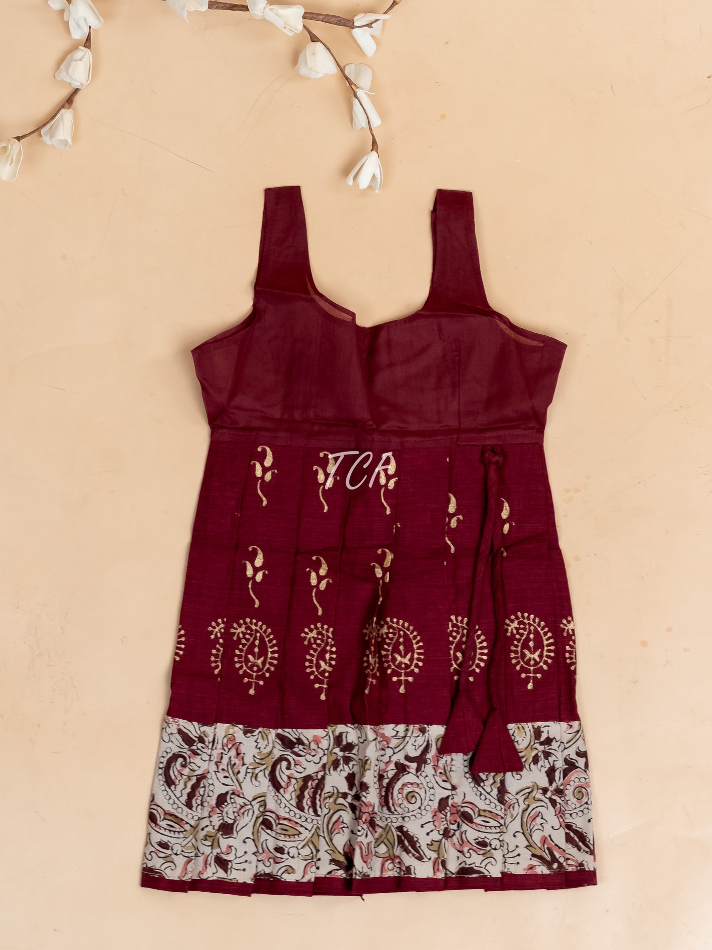 Cream & Maroon Kalamkari Printed - Girls Readymade Cotton Pavadai Sattai