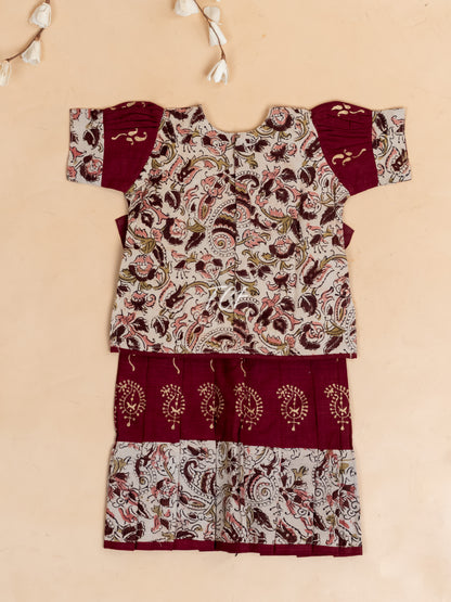 Cream & Maroon Kalamkari Printed - Girls Readymade Cotton Pavadai Sattai