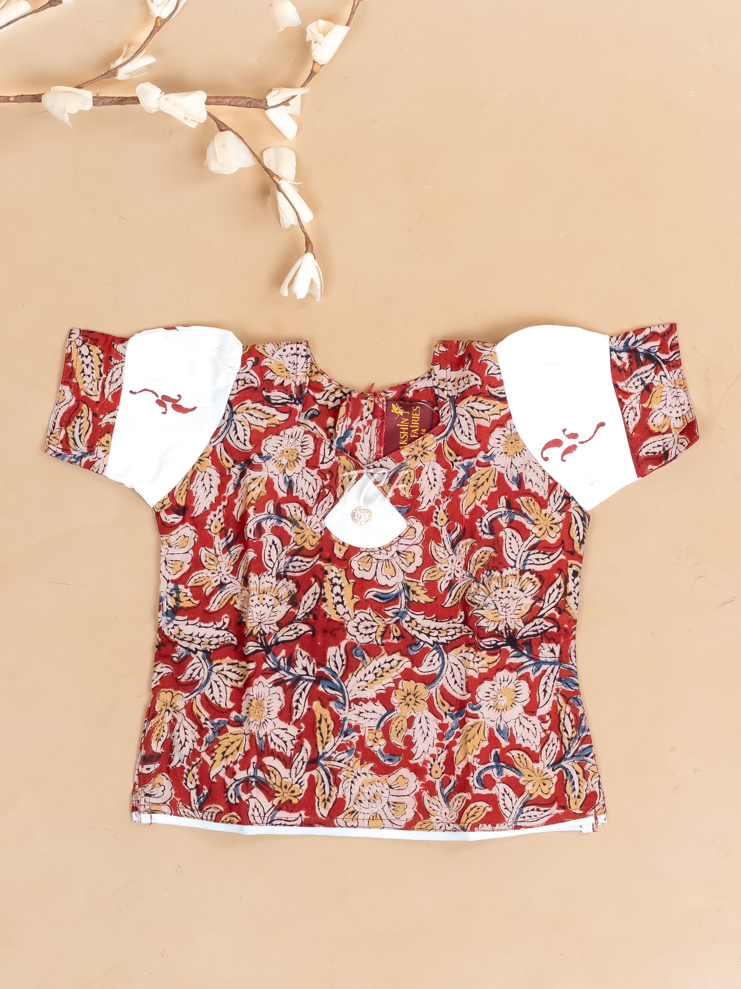Red & White Kalamkari Printed - Girls Readymade Cotton Pavadai Sattai