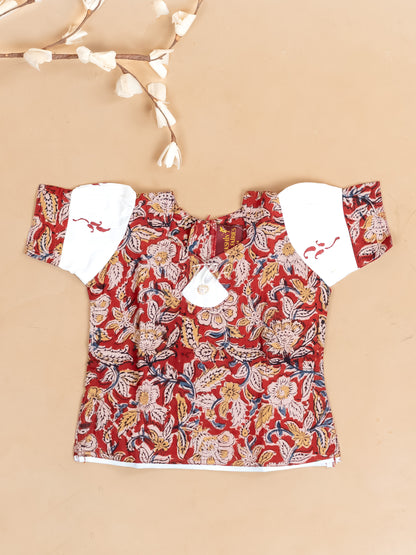 Red & White Kalamkari Printed - Girls Readymade Cotton Pavadai Sattai