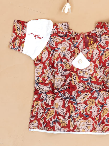 Red & White Kalamkari Printed - Girls Readymade Cotton Pavadai Sattai