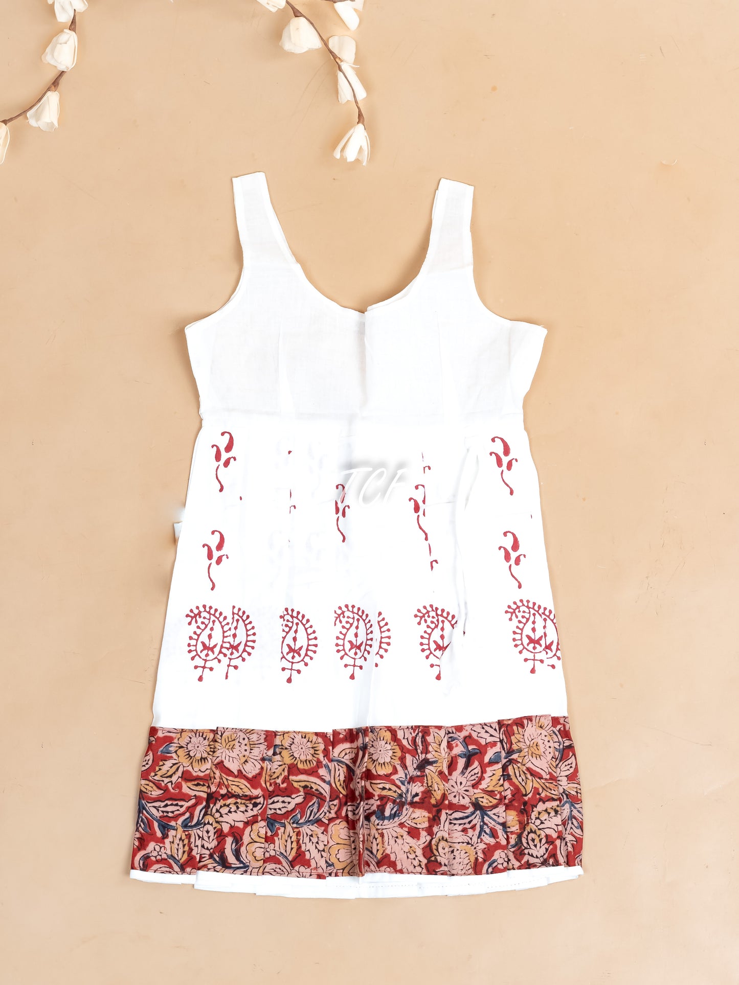 Red & White Kalamkari Printed - Girls Readymade Cotton Pavadai Sattai