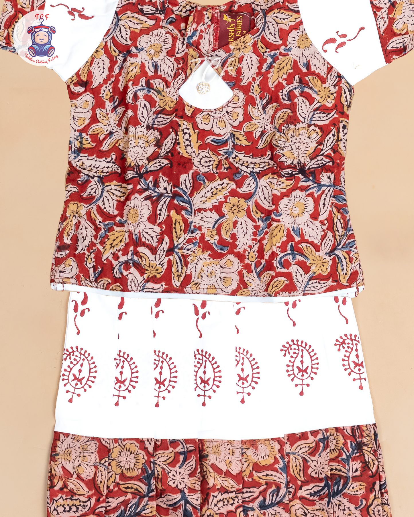 Red & White Kalamkari Printed - Girls Readymade Cotton Pavadai Sattai