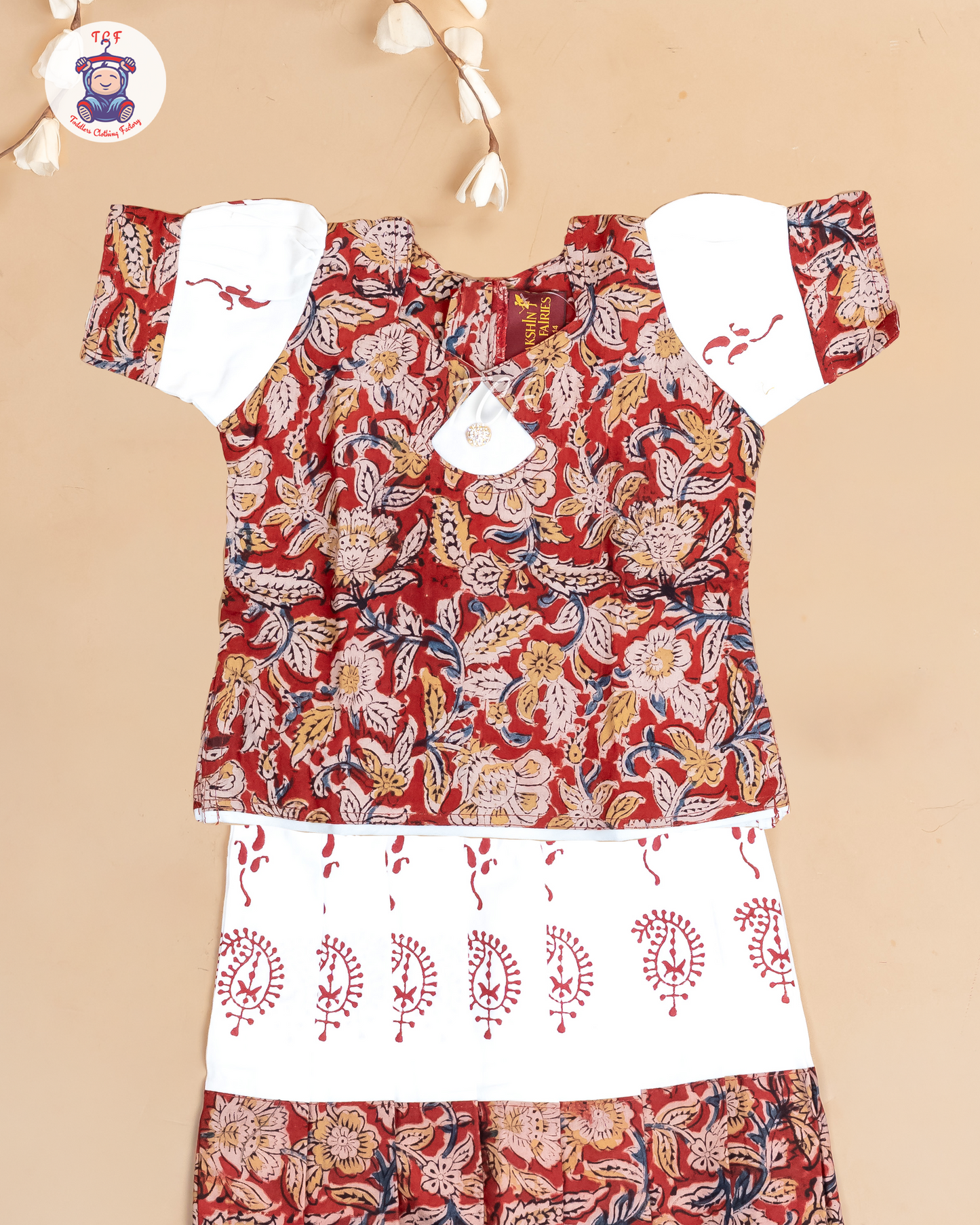Red & White Kalamkari Printed - Girls Readymade Cotton Pavadai Sattai