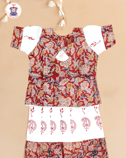 Red & White Kalamkari Printed - Girls Readymade Cotton Pavadai Sattai