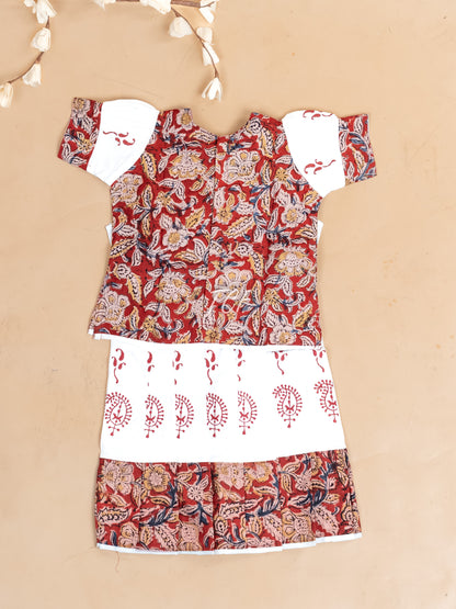 Red & White Kalamkari Printed - Girls Readymade Cotton Pavadai Sattai