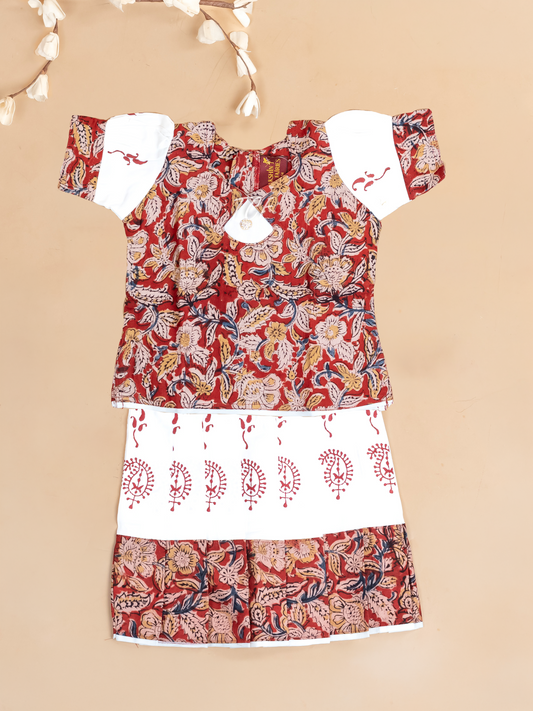 Red & White Kalamkari Printed - Girls Readymade Cotton Pavadai Sattai
