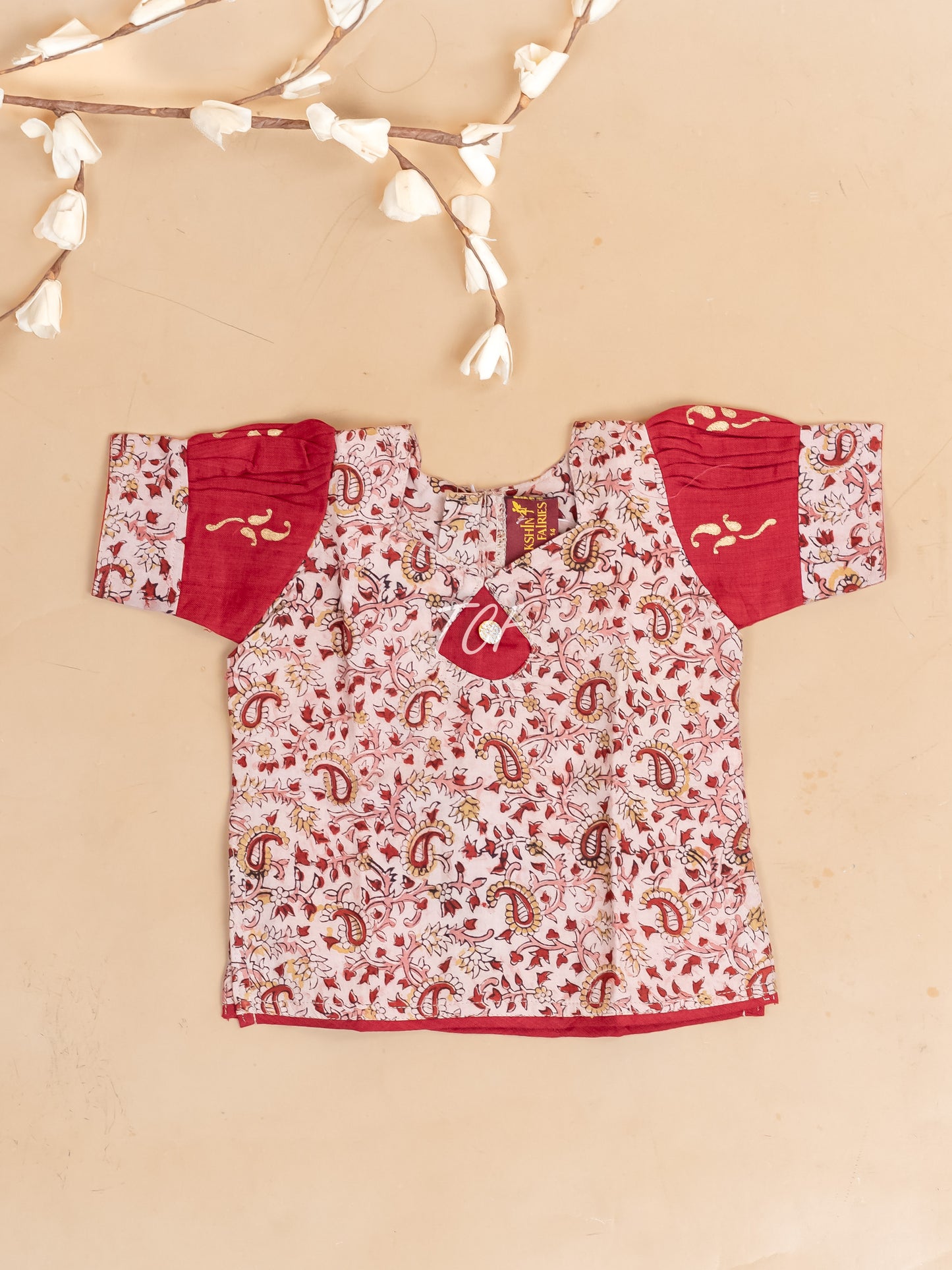 Red Kalamkari Printed - Girls Readymade Cotton Pavadai Sattai
