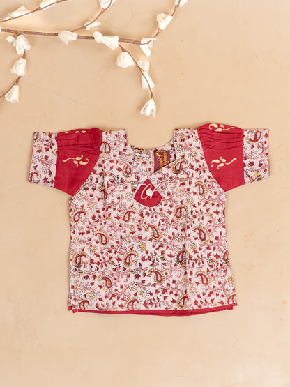 Red Kalamkari Printed - Girls Readymade Cotton Pavadai Sattai