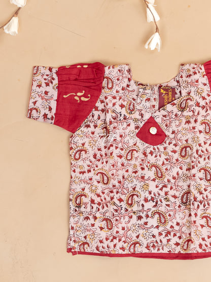 Red Kalamkari Printed - Girls Readymade Cotton Pavadai Sattai