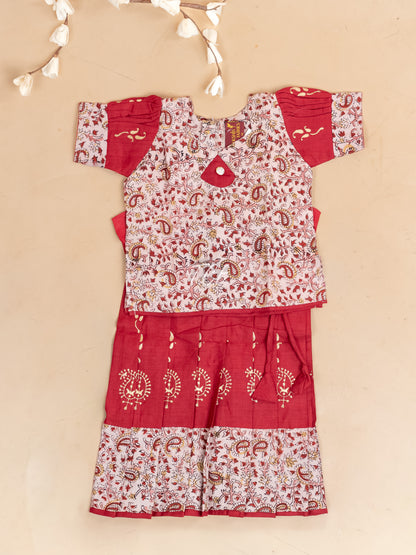 Red Kalamkari Printed - Girls Readymade Cotton Pavadai Sattai