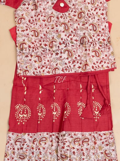 Red Kalamkari Printed - Girls Readymade Cotton Pavadai Sattai