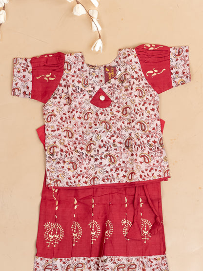 Red Kalamkari Printed - Girls Readymade Cotton Pavadai Sattai